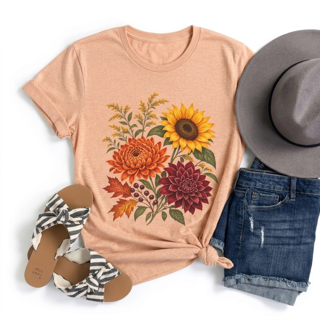 Autumn Wildflower Bouquet T-Shirt, Vintage Botanical Floral Tee - 14565