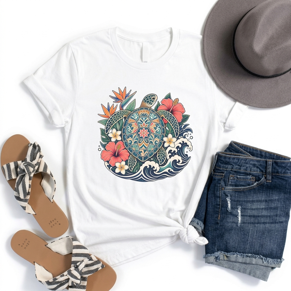 Sea Turtle Floral T-Shirt, Hawaiian Turtle Graphic Tee - 14973