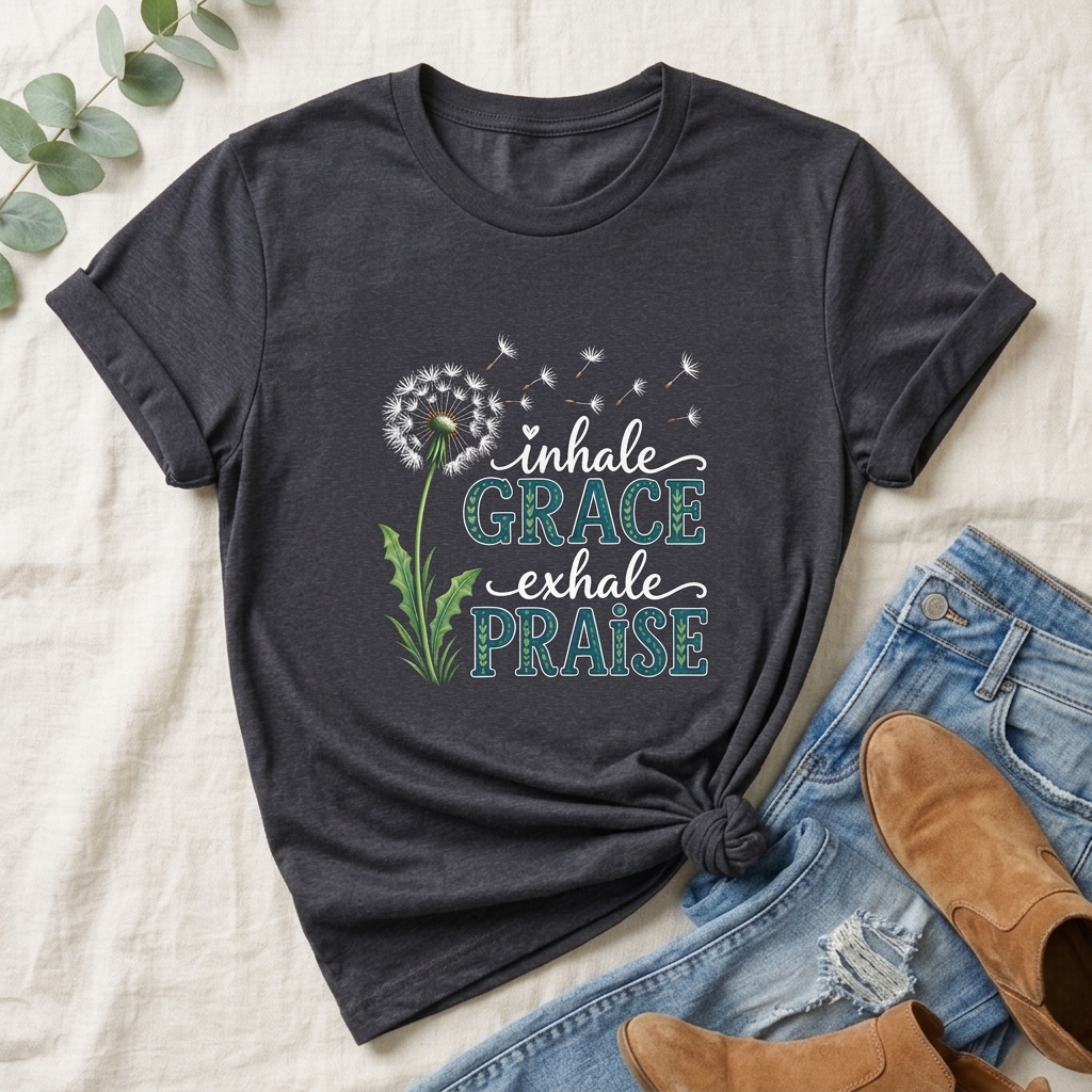 Inhale Grace Exhale Praise T-Shirt, Christian Faith Floral Tee - 14990