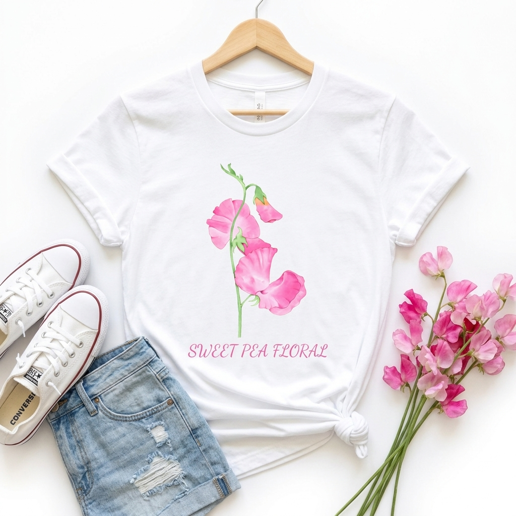Sweet Pea Floral T-Shirt, Pink Watercolor Flower Graphic Tee - 14962