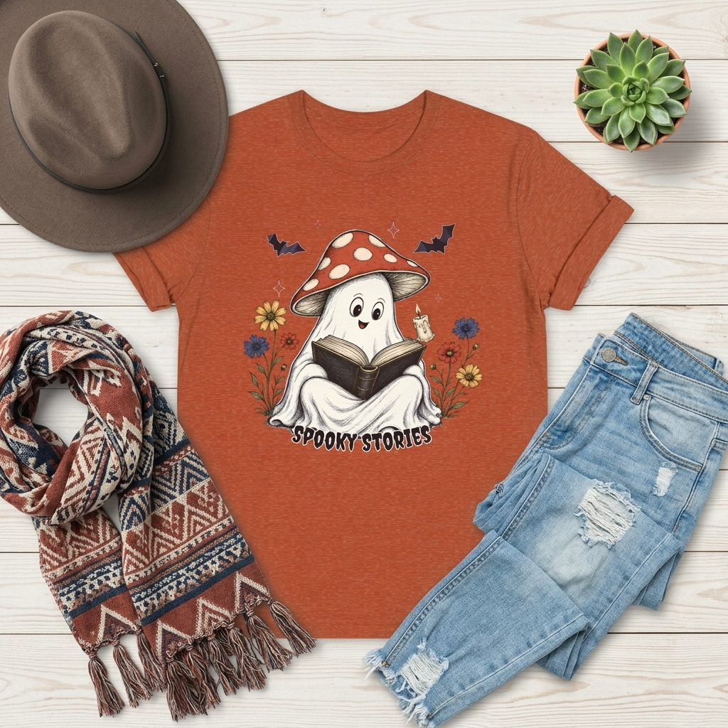 Spooky Stories Ghost T-Shirt, Cute Mushroom Ghost Reading Shirt for Halloween - 14970
