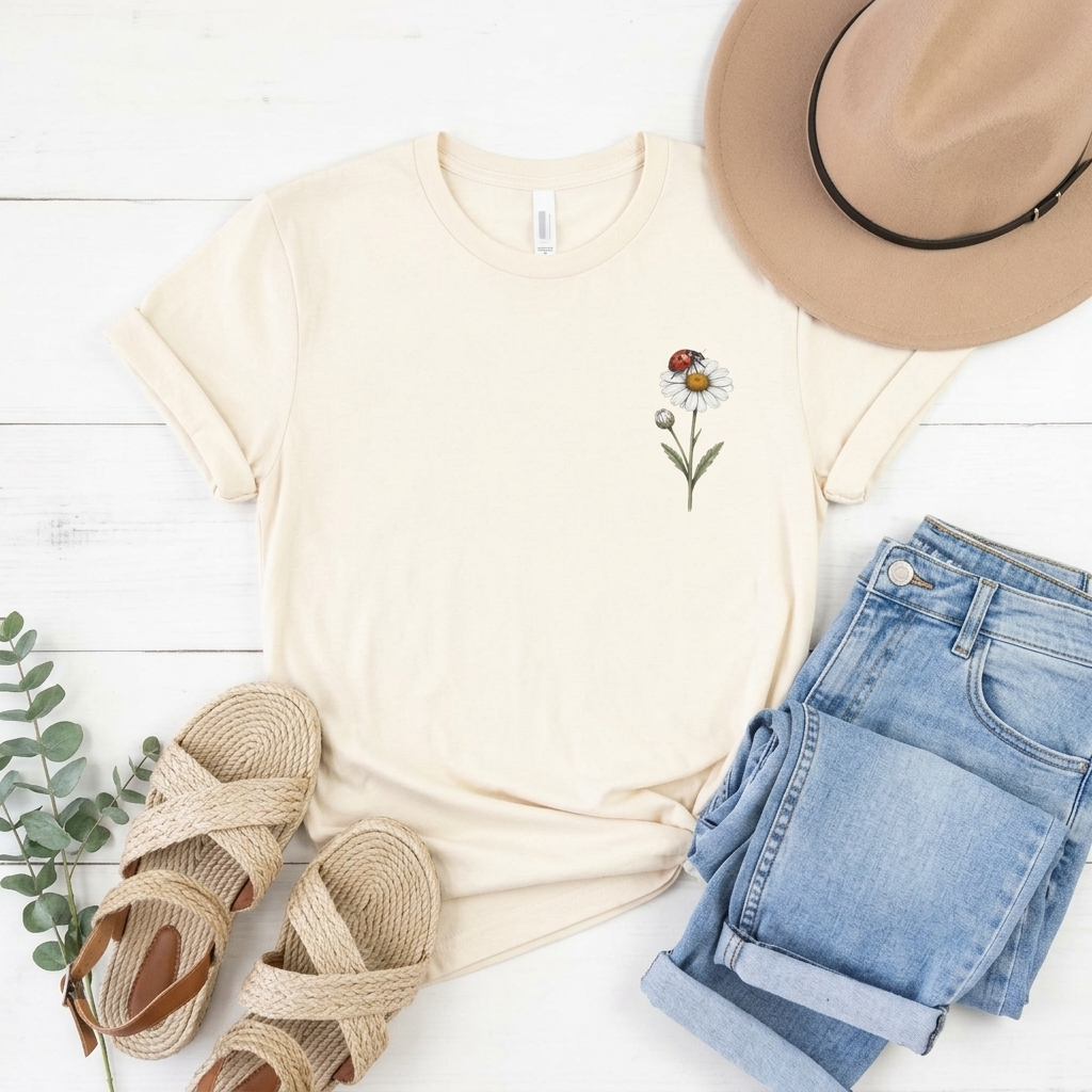 Daisy & Ladybug Floral T-Shirt, Minimal Wildflower Pocket Graphic Tee - 14963