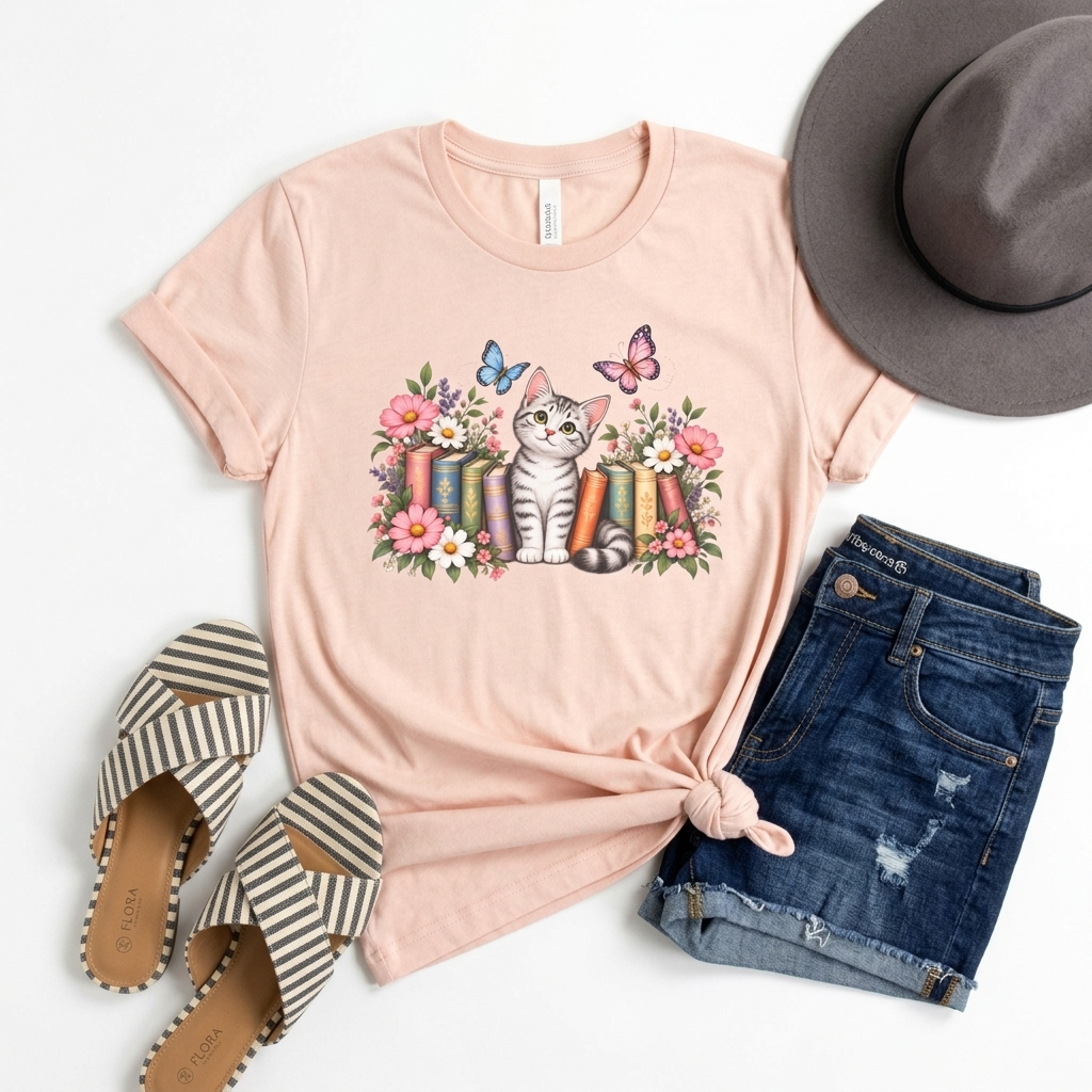 Cat & Books T-Shirt, Cute Floral Kitten & Butterfly Tee - 14526