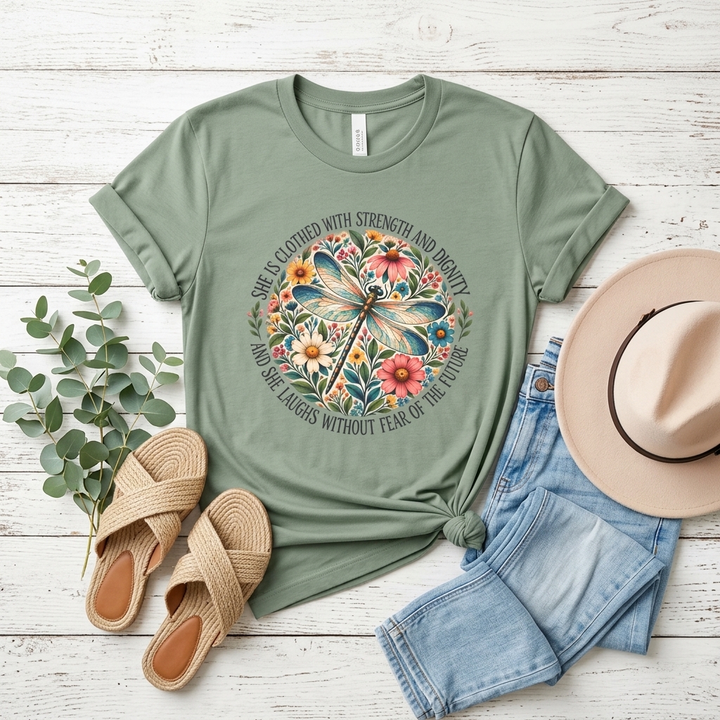 Dragonfly Floral T-Shirt, “She Is Clothed With Strength and Dignity” Inspirational Women’s Tee - 14993