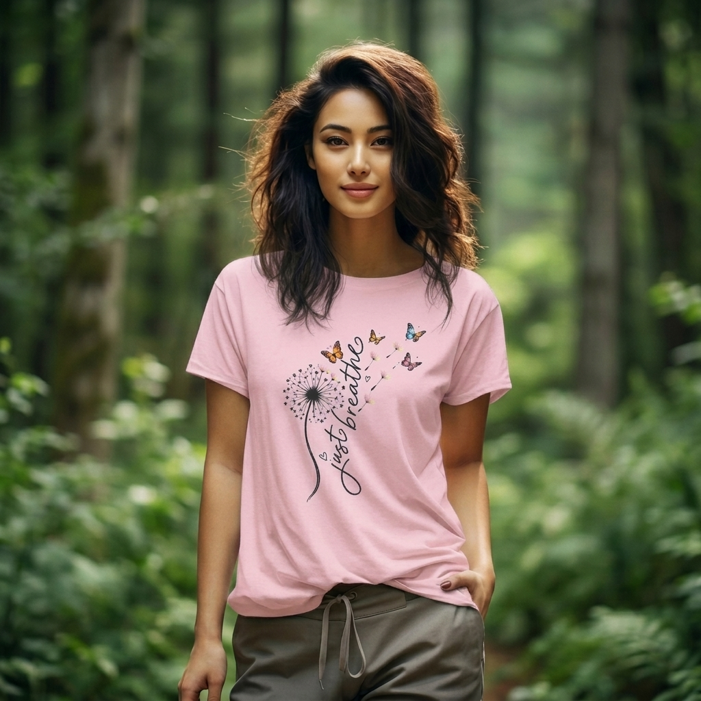 Just Breathe Dandelion T-Shirt,  Butterfly Inspirational Tee - 14519