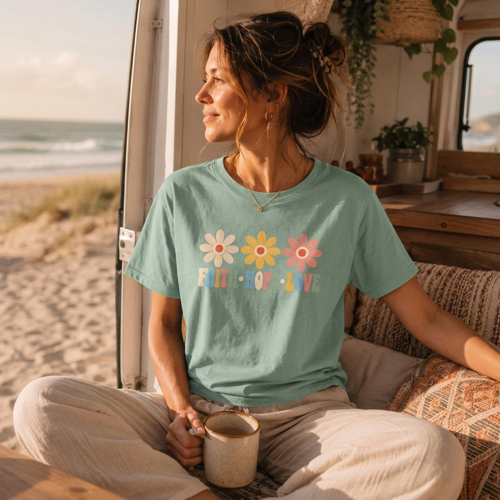 Faith Hope Love Floral T-Shirt,  Retro Flower Graphic Tee - 14979