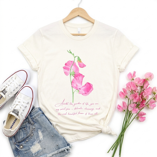 Sweet Pea Floral T-Shirt, Pink Watercolor Flower Graphic Tee - 14962