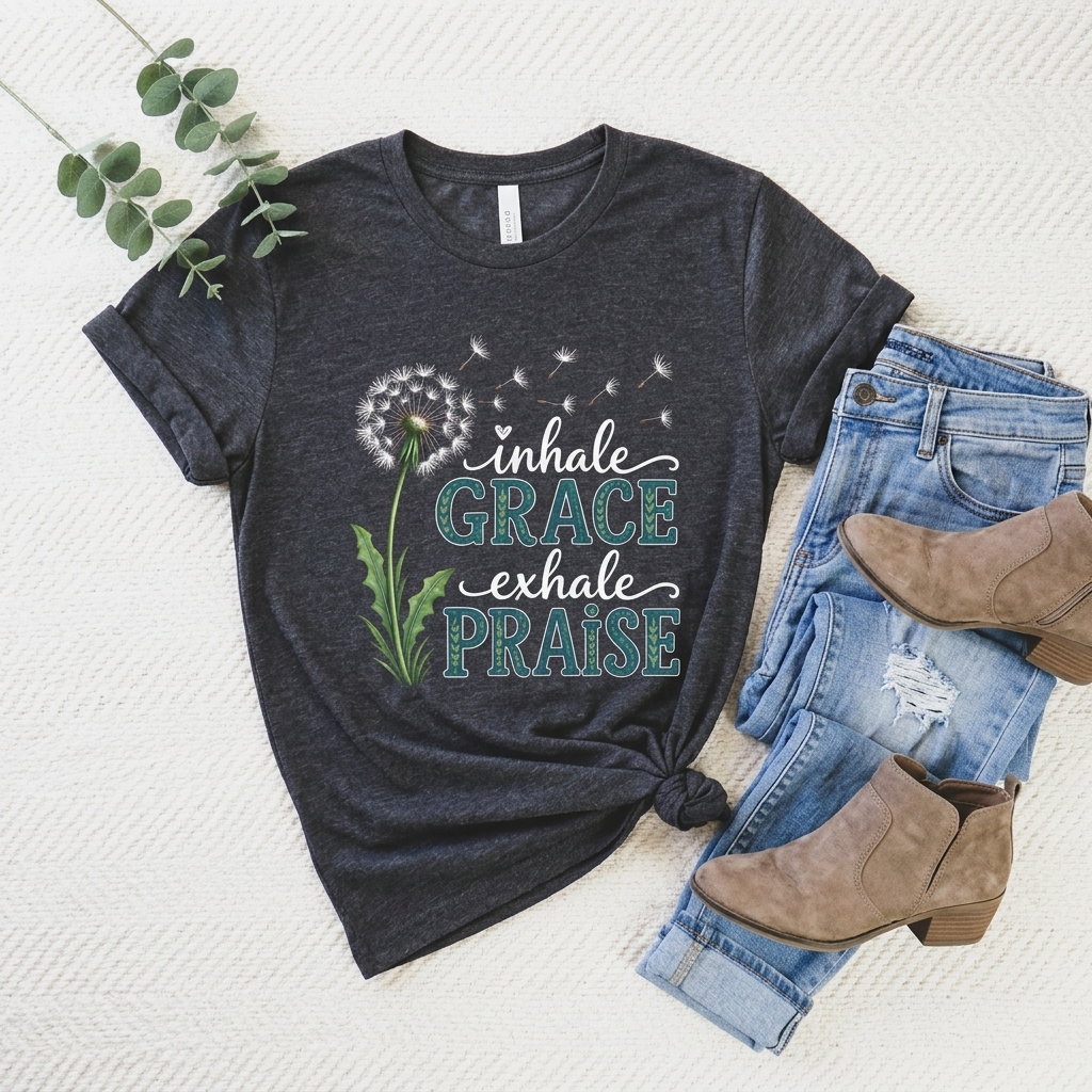 Inhale Grace Exhale Praise T-Shirt, Christian Faith Floral Tee - 14990