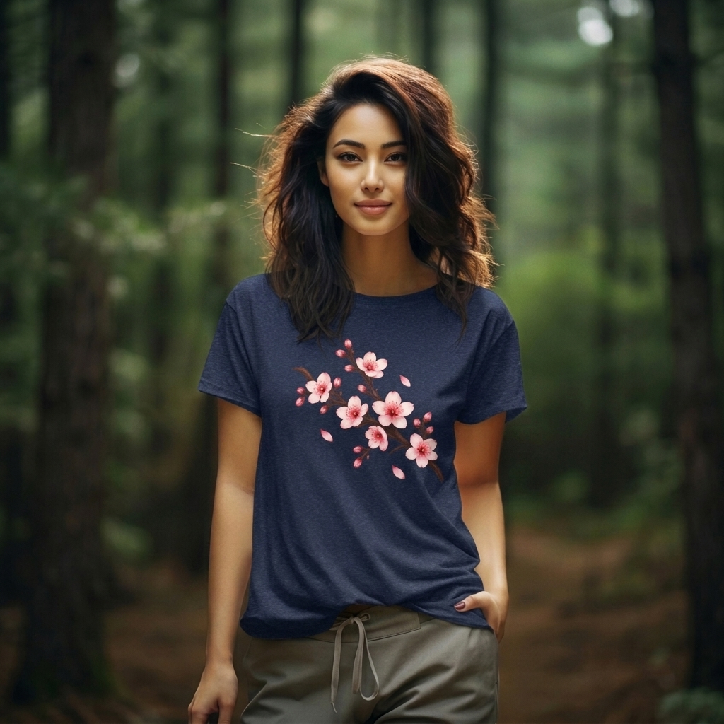 Cherry Blossom T-Shirt, Pink Sakura Branch Floral Tee - 14994