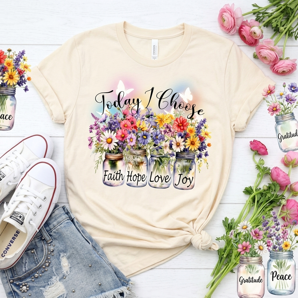 Today I Choose Faith Hope Love Joy T-Shirt — Inspirational Floral Graphic Tee - 14937