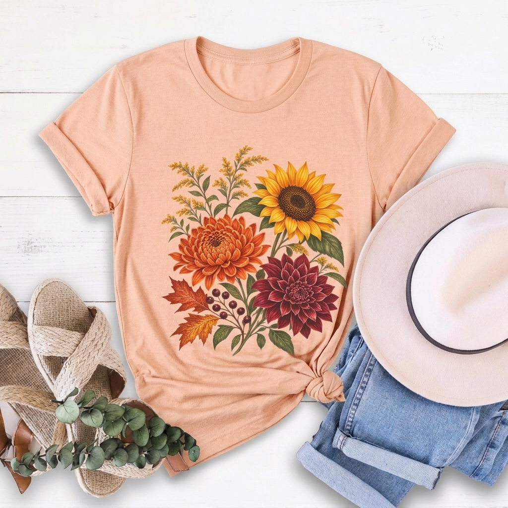 Autumn Wildflower Bouquet T-Shirt, Vintage Botanical Floral Tee - 14565