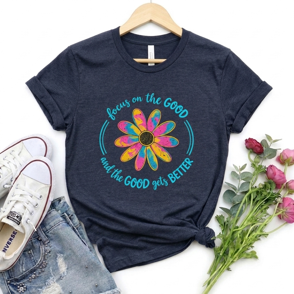 Focus on the Good T-Shirt, Colorful Retro Daisy Graphic Tee - 14563
