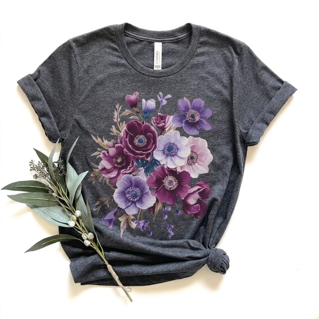 Purple Anemone Bouquet T-Shirt, Watercolor Floral Flower Tee - 14947