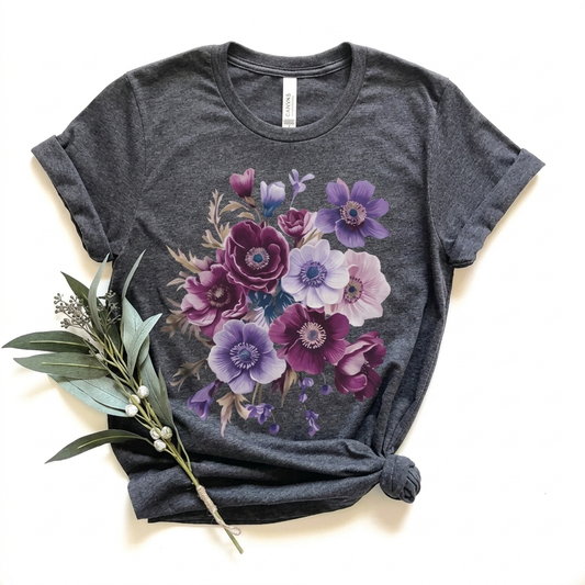 Purple Anemone Bouquet T-Shirt, Watercolor Floral Flower Tee - 14947