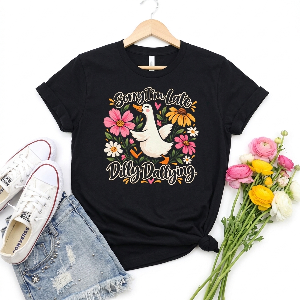 Sorry I’m Late Dilly Dallying T-Shirt, Cute Floral Goose Tee - 14998