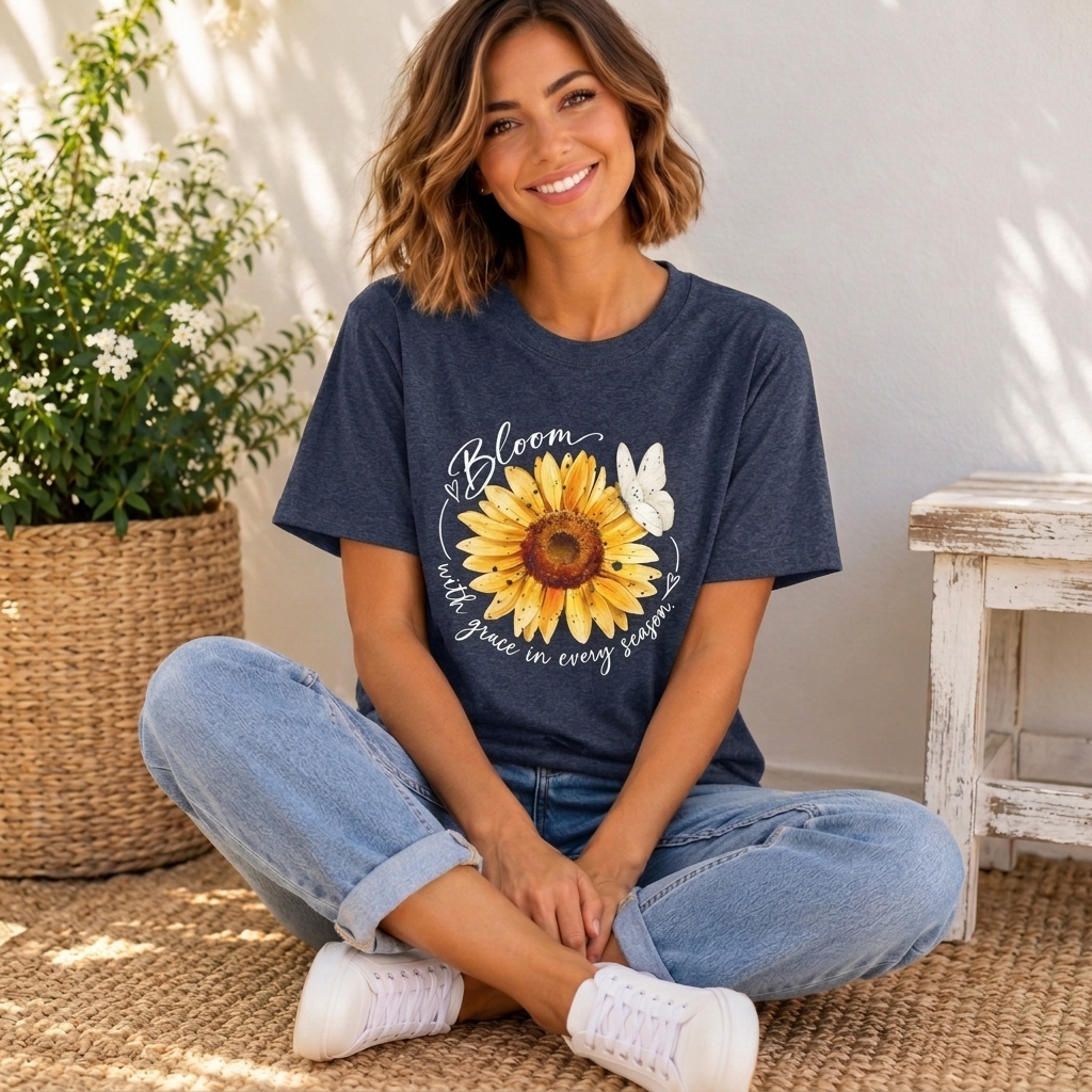 Sunflower “Bloom with Grace in Every Season” T-Shirt, Inspirational Floral Tee- 14502