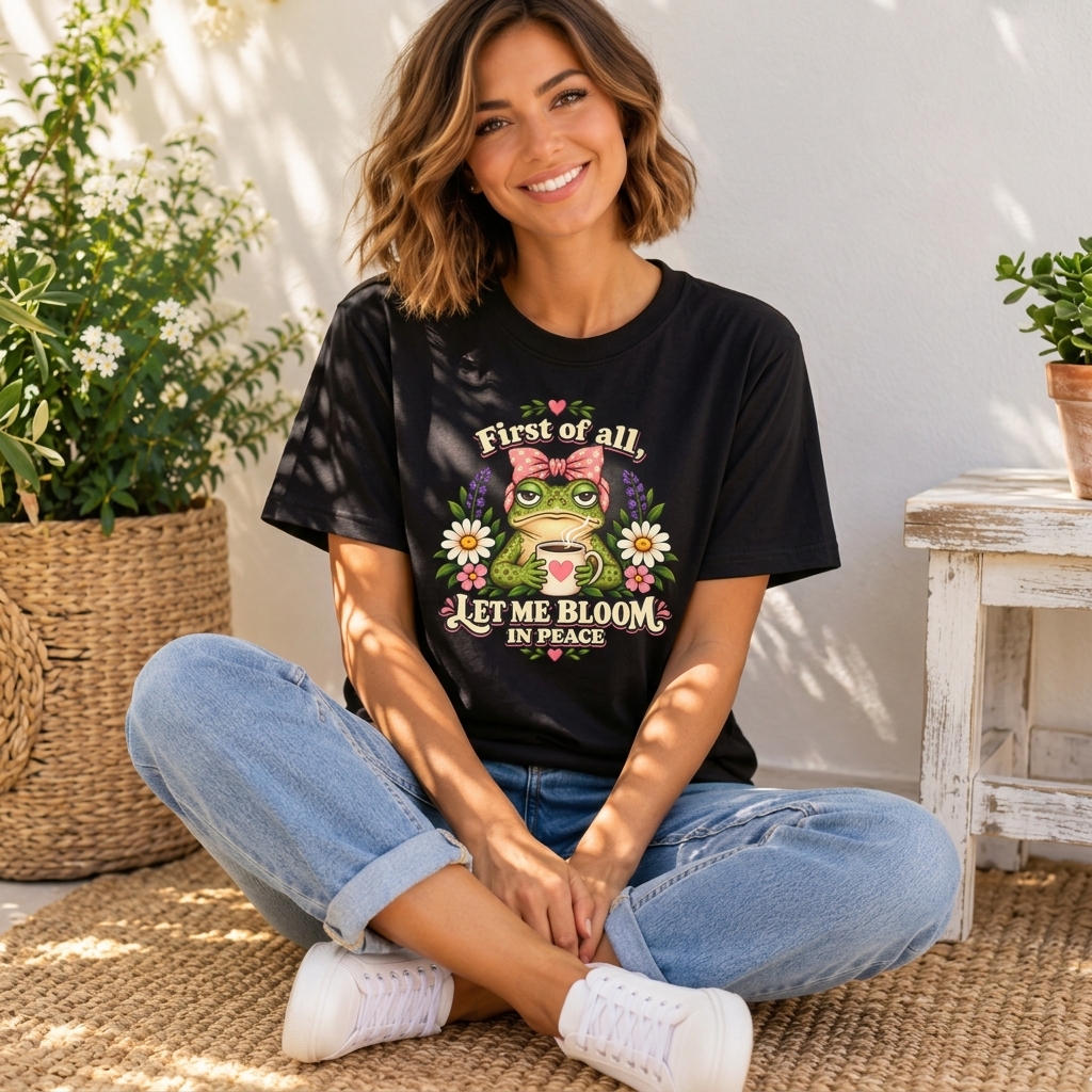 Let Me Bloom in Peace Frog T-Shirt, Cute Floral Coffee Tee - 14500