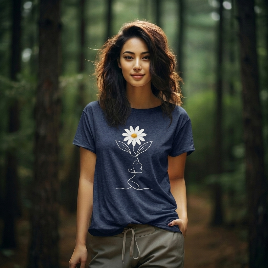 Daisy Woman Face T-Shirt, Minimalist Floral Line Art Tee - 14522