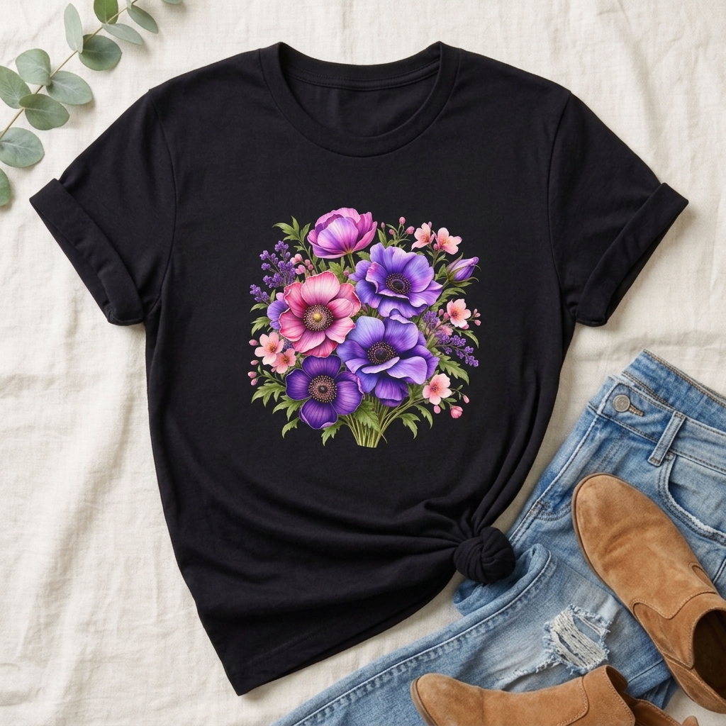 Purple & Pink Floral Bouquet T-Shirt, Colorful Botanical Flower Tee - 14537