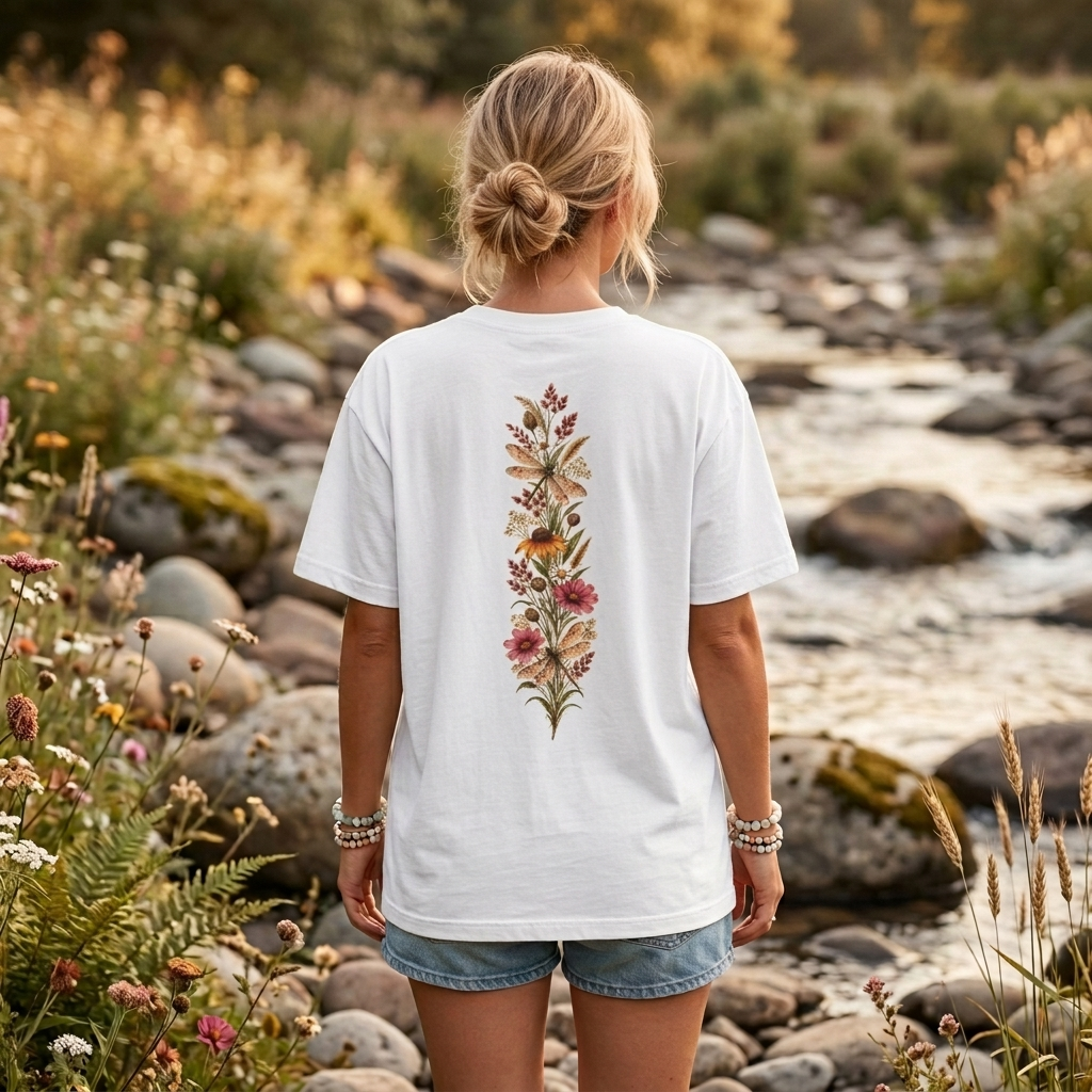 Vintage Wildflower & Dragonfly T-Shirt, Botanical Front & Back Tee - 14549