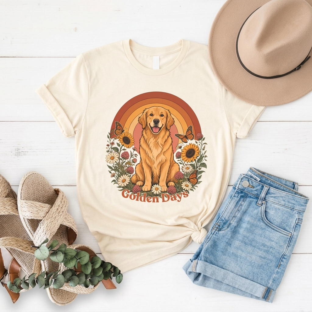 Golden Days Golden Retriever T-Shirt,  Retro Sunset Floral Dog Tee - 14969