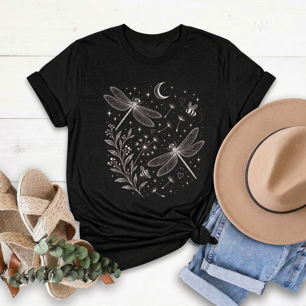 Dragonfly Moon T-Shirt, Whimsical Celestial Nature Tee - 14518