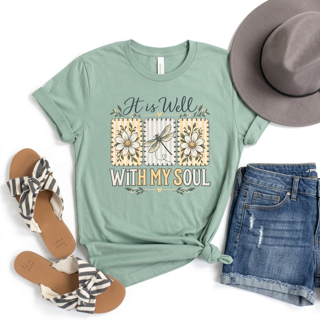 It Is Well With My Soul T-Shirt, Floral Dragonfly Christian Faith Tee - 14991