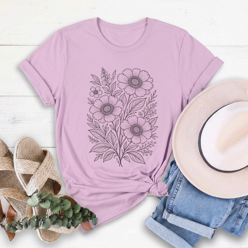 Vintage Floral Line Art T-Shirt, Botanical Wildflower Tee - 14561