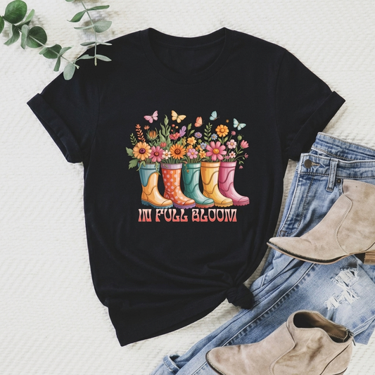 In Full Bloom Garden T-Shirt, Colorful Rain Boots & Flowers Graphic Tee - 14971