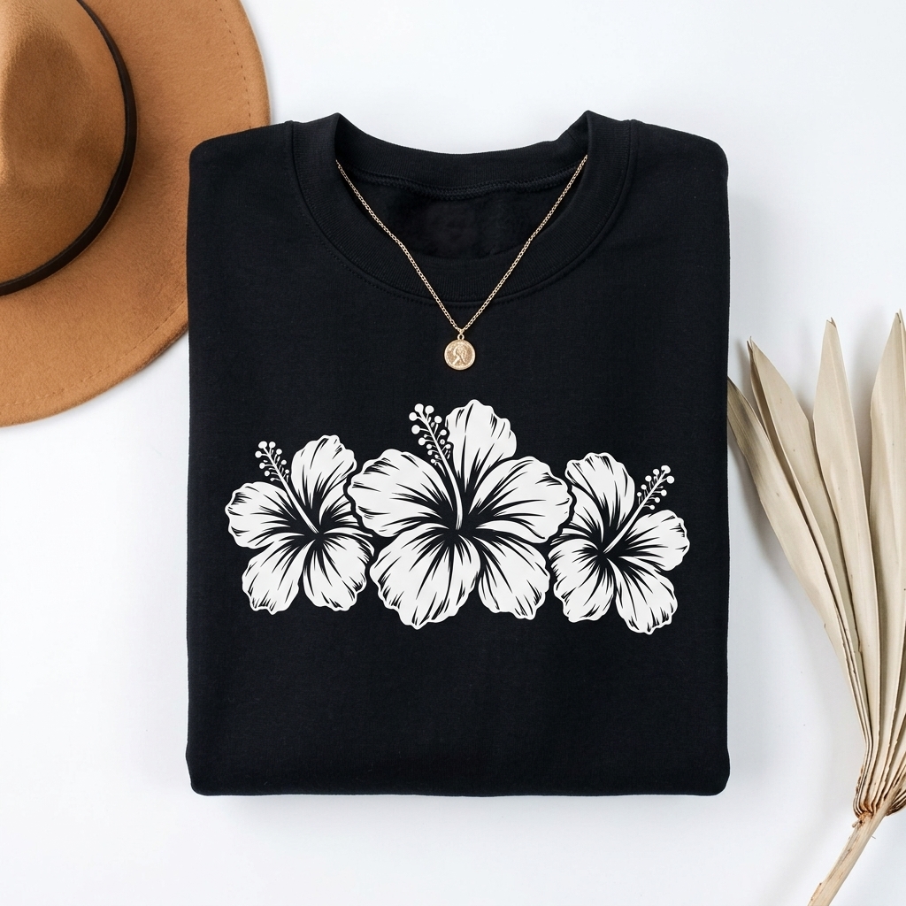 Hibiscus Floral Crewneck Sweatshirt,  Tropical Flower Graphic - 14996