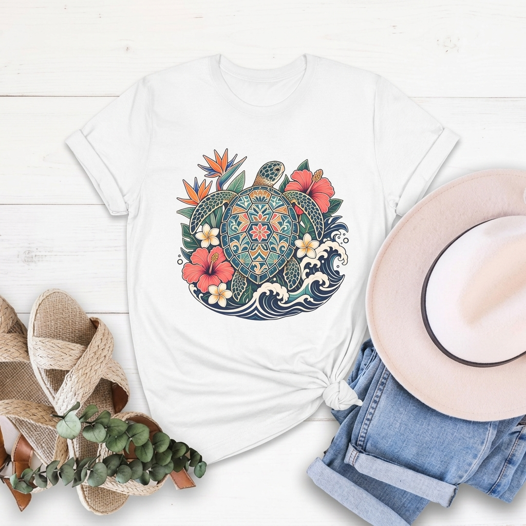 Sea Turtle Floral T-Shirt, Hawaiian Turtle Graphic Tee - 14973
