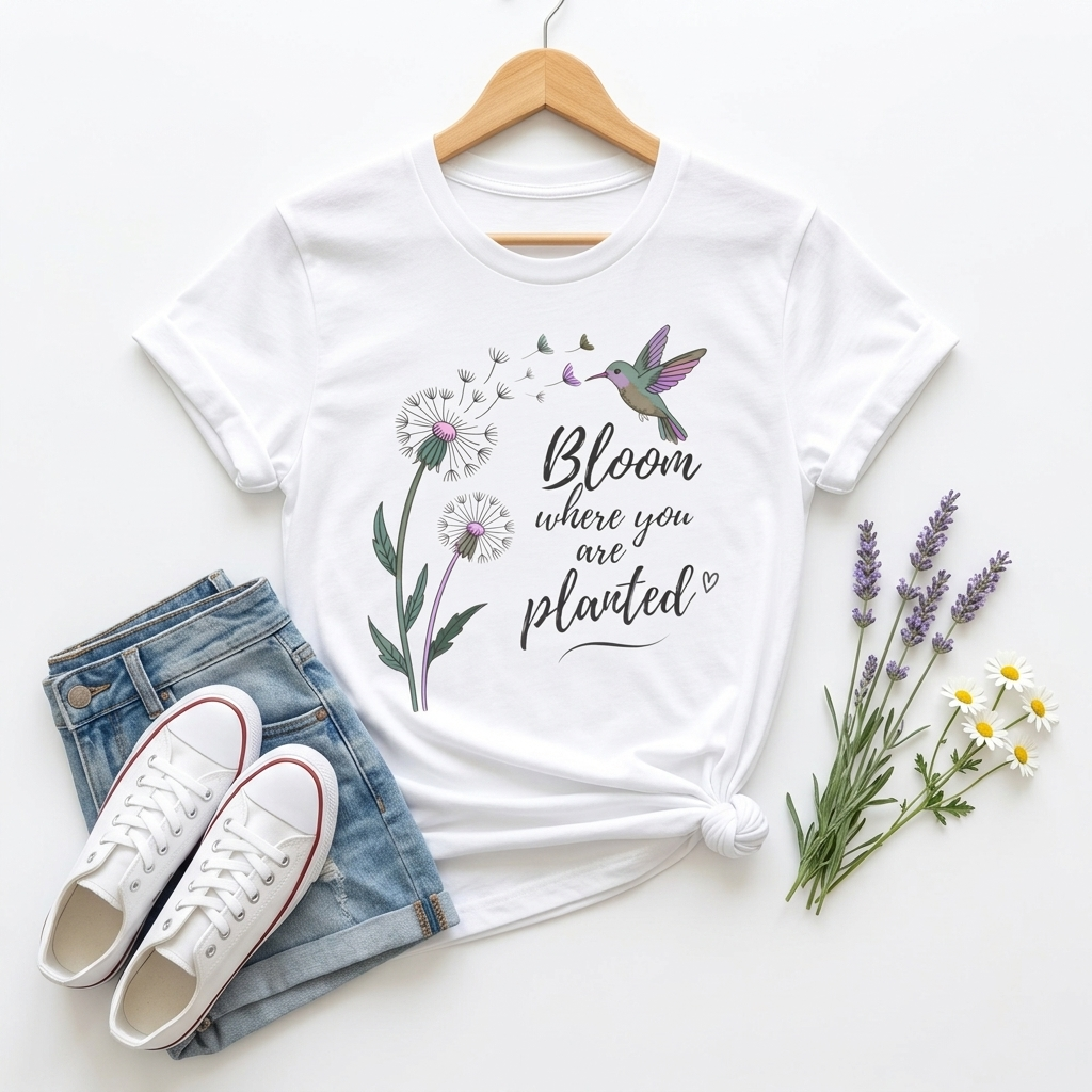 Bloom Where You Are Planted T-Shirt, Hummingbird & Dandelion Floral Graphic Tee - 14927