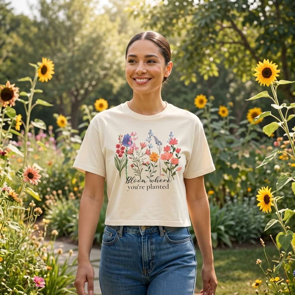 Bloom Where You’re Planted Women’s Boxy T-Shirt,  Floral Garden Graphic Tee - 14940