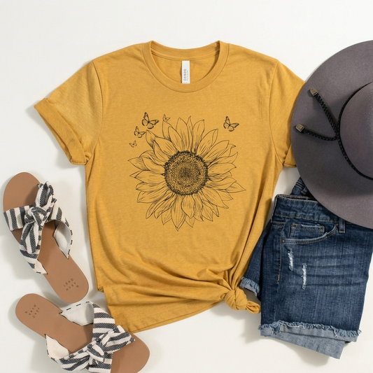 Sunflower Sketch T-Shirt, Vintage Botanical Sunflower & Butterfly Graphic Tee - 14982
