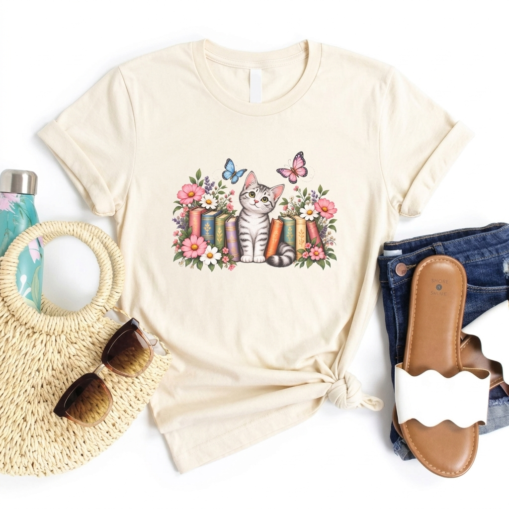 Cat & Books T-Shirt, Cute Floral Kitten & Butterfly Tee - 14526