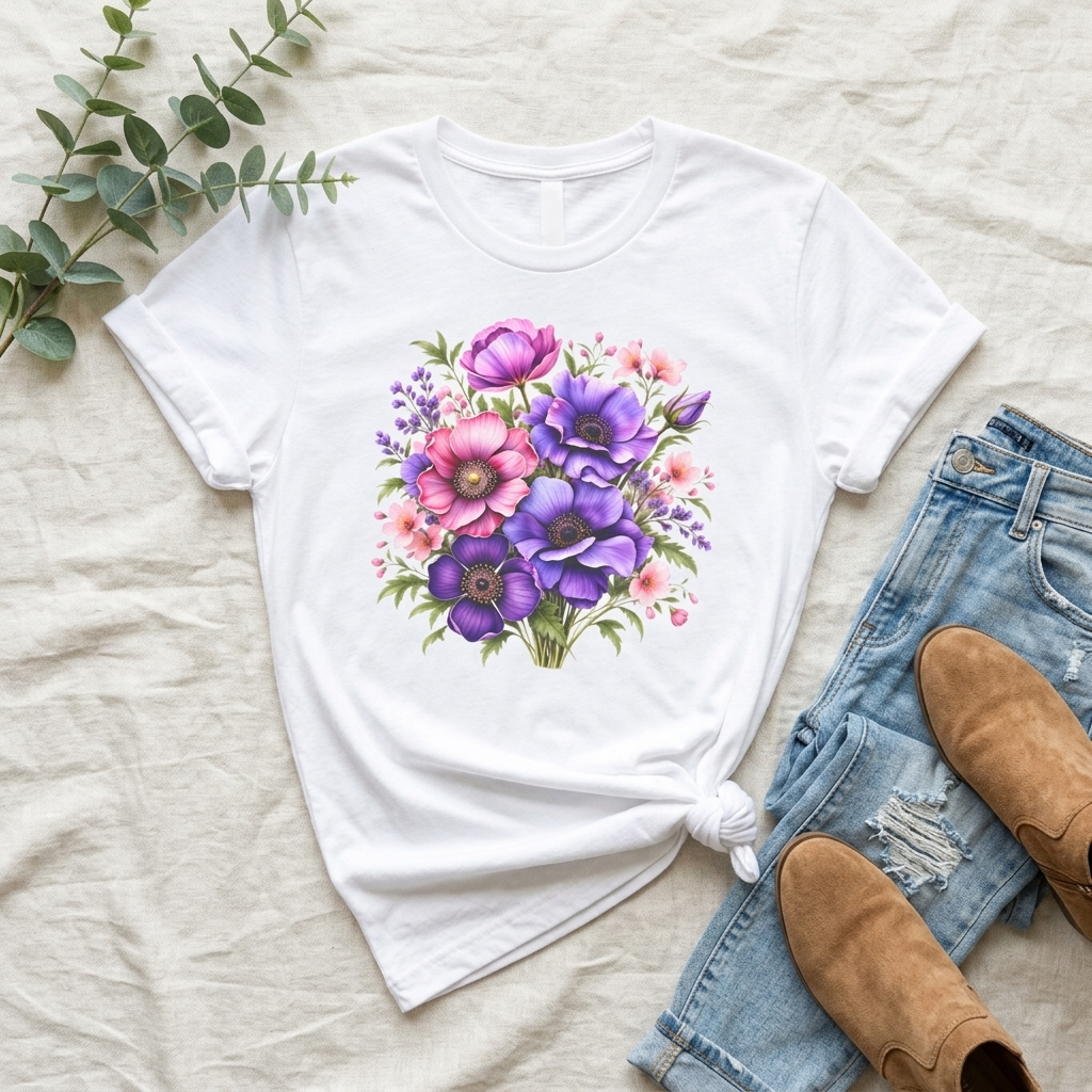 Purple & Pink Floral Bouquet T-Shirt, Colorful Botanical Flower Tee - 14537