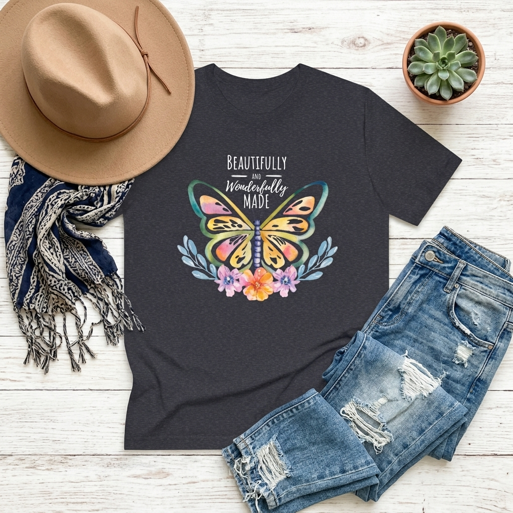 Beautifully & Wonderfully Made Butterfly T-Shirt, Inspirational Floral Graphic Tee - 14954