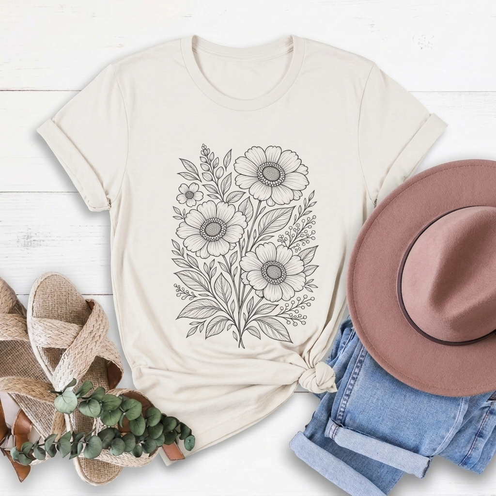 Vintage Floral Line Art T-Shirt, Botanical Wildflower Tee - 14561