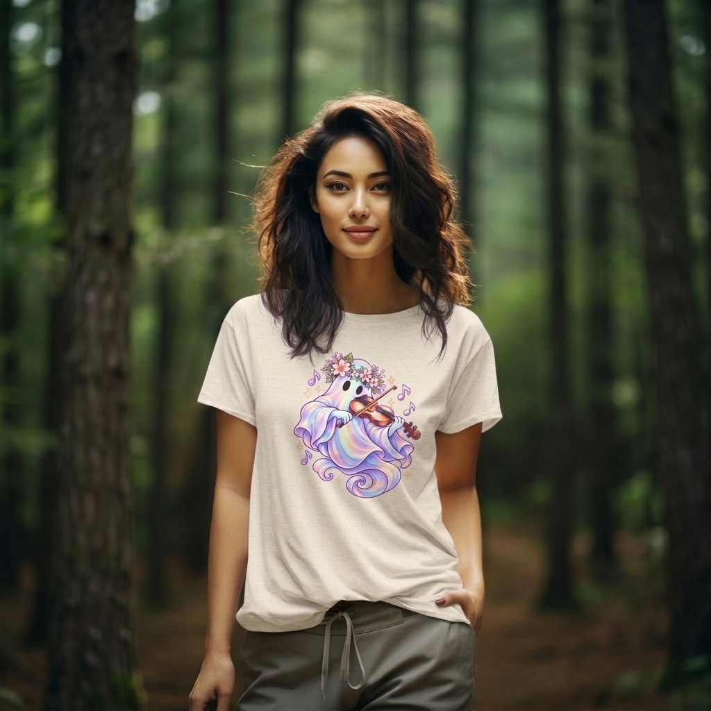 Ghost Violin T-Shirt, Cute Pastel Floral Music Lover Tee - 14528