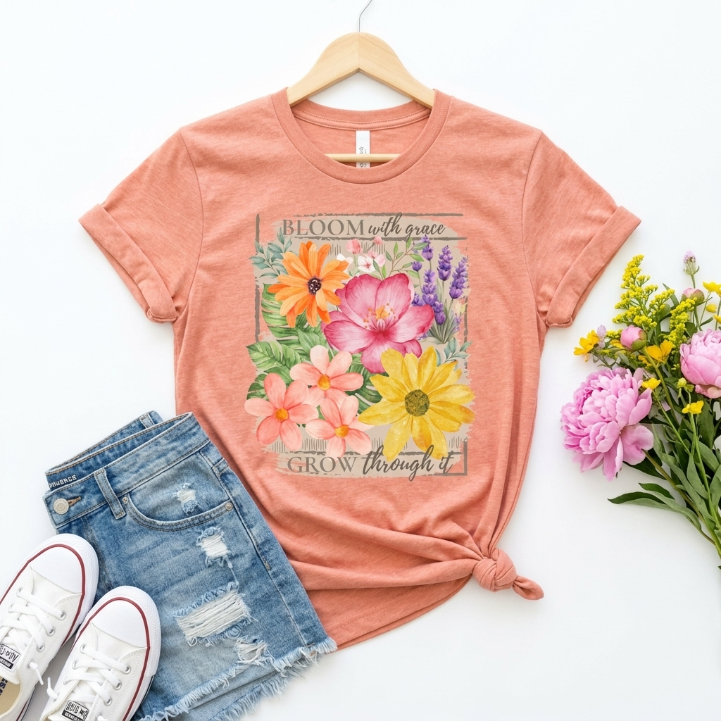 Bloom With Grace Floral T-Shirt, “Grow Through It” Inspirational Women’s Tee - 14943