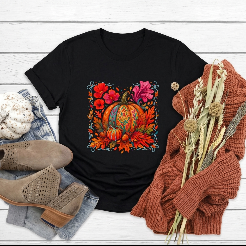 Autumn Pumpkin Floral Boxy T-Shirt,  Women’s Fall Harvest Graphic Tee - 14929