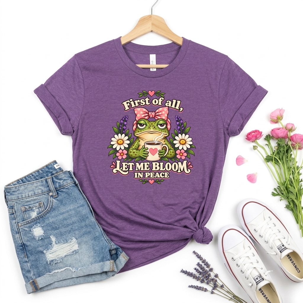 Let Me Bloom in Peace Frog T-Shirt, Cute Floral Coffee Tee - 14500