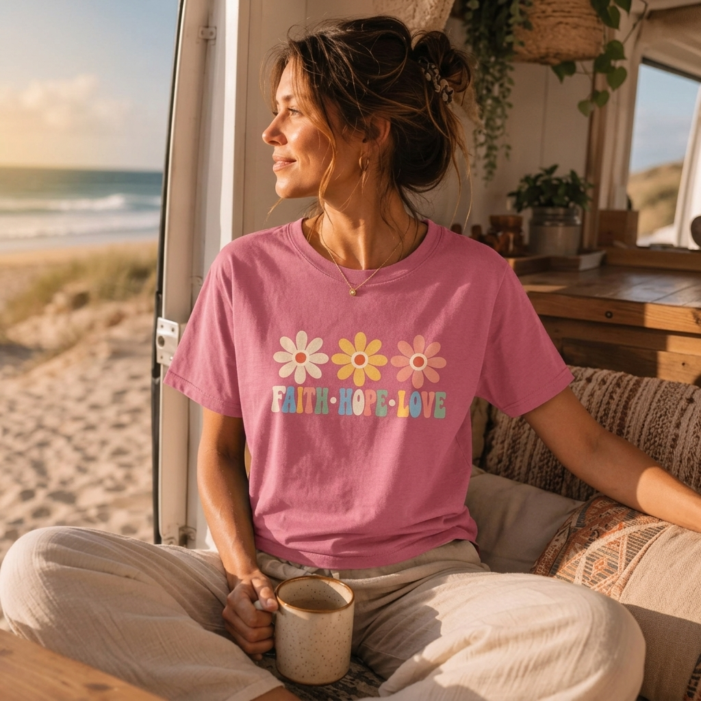 Faith Hope Love Floral T-Shirt,  Retro Flower Graphic Tee - 14979