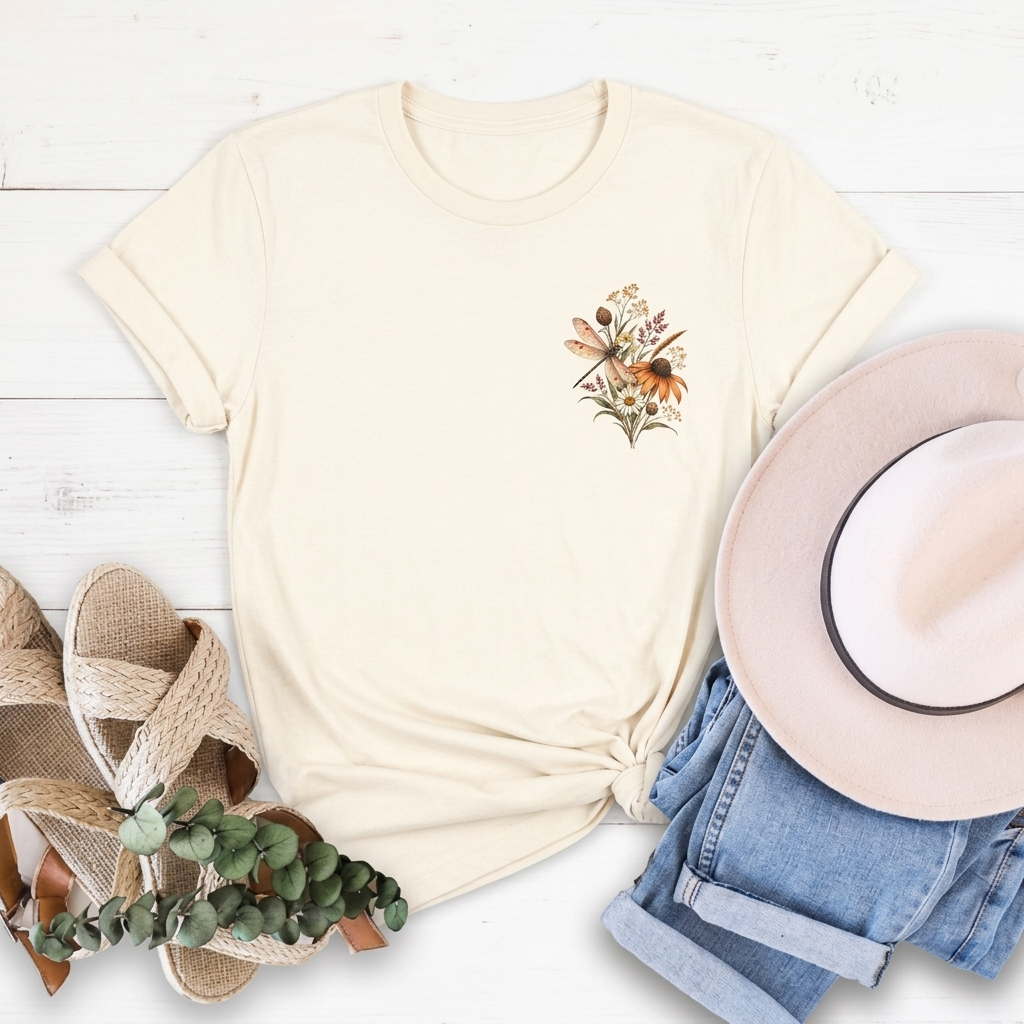 Vintage Wildflower & Dragonfly T-Shirt, Botanical Front & Back Tee - 14549