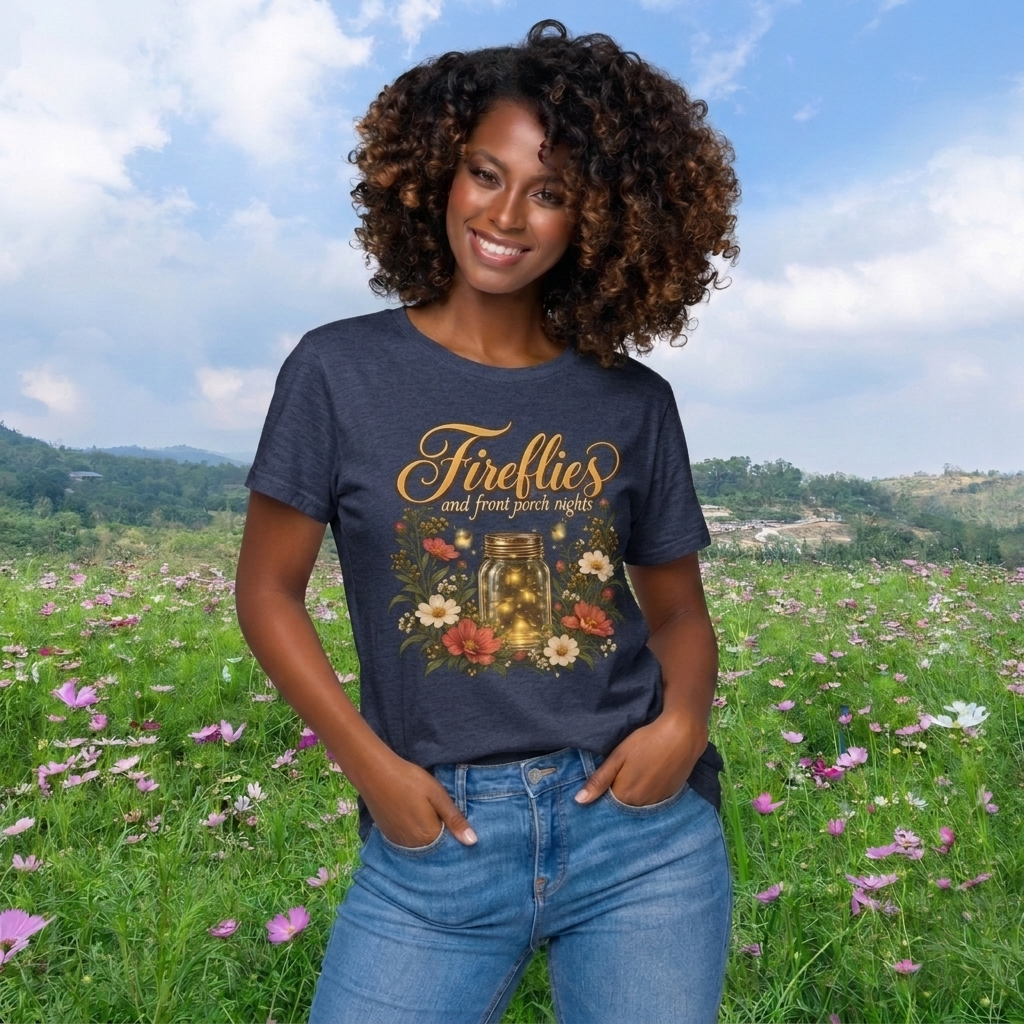 Fireflies and Front Porch Nights T-Shirt, Vintage Floral Mason Jar Tee - 14567