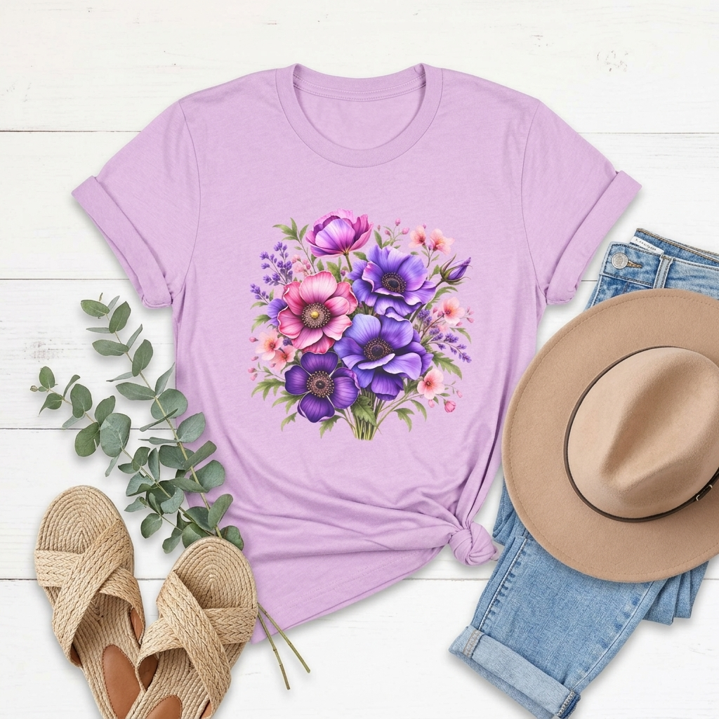 Purple & Pink Floral Bouquet T-Shirt, Colorful Botanical Flower Tee - 14537