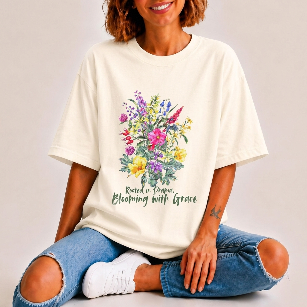Blooming With Grace Floral T-Shirt, “Rooted in Drama” Watercolor Botanical Tee - 14965