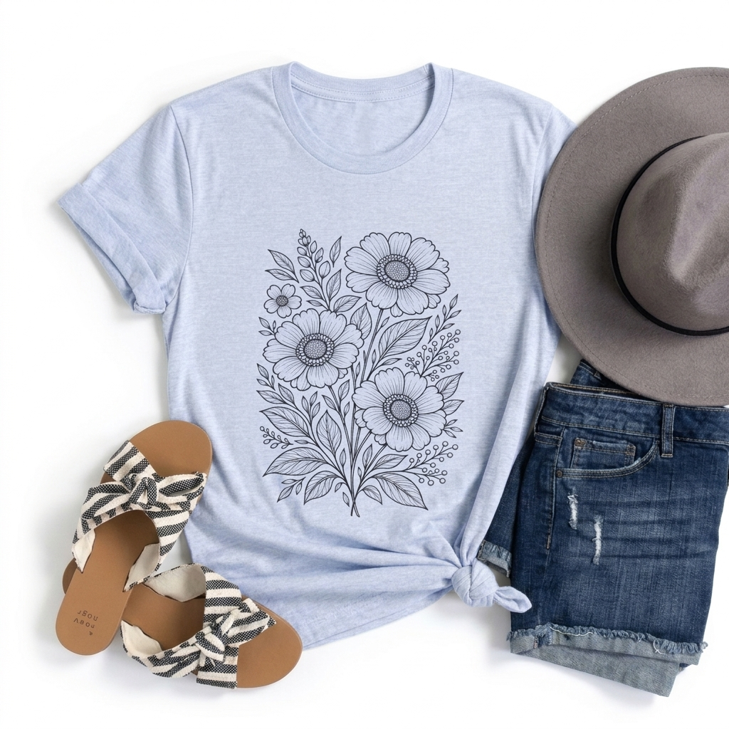 Vintage Floral Line Art T-Shirt, Botanical Wildflower Tee - 14561