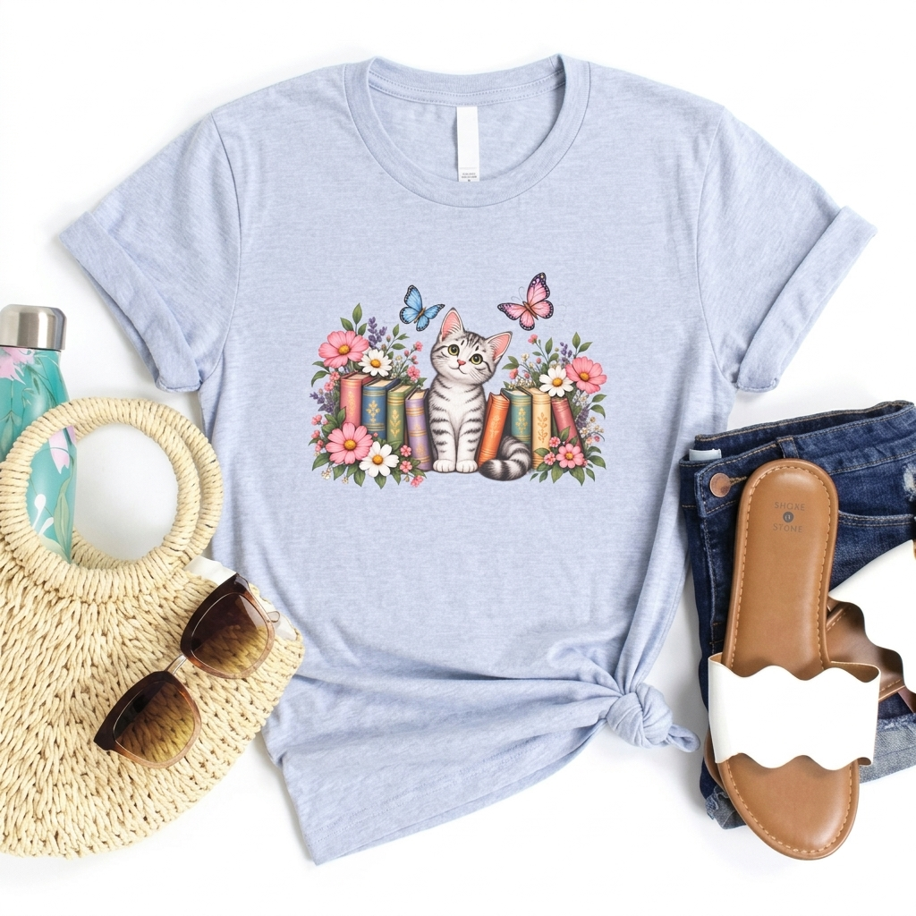 Cat & Books T-Shirt, Cute Floral Kitten & Butterfly Tee - 14526