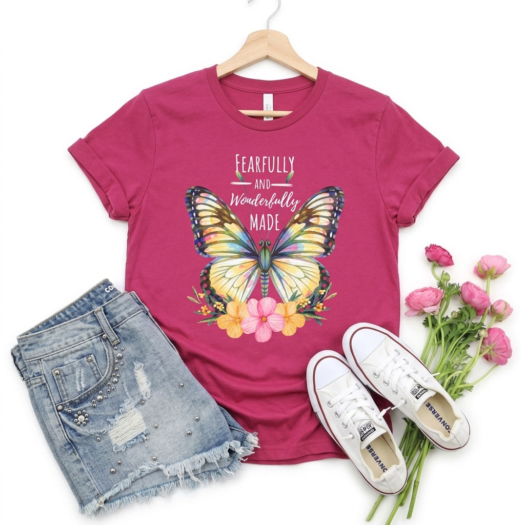 Fearfully and Wonderfully Made Butterfly T-Shirt, Inspirational Floral Faith Tee - 14955